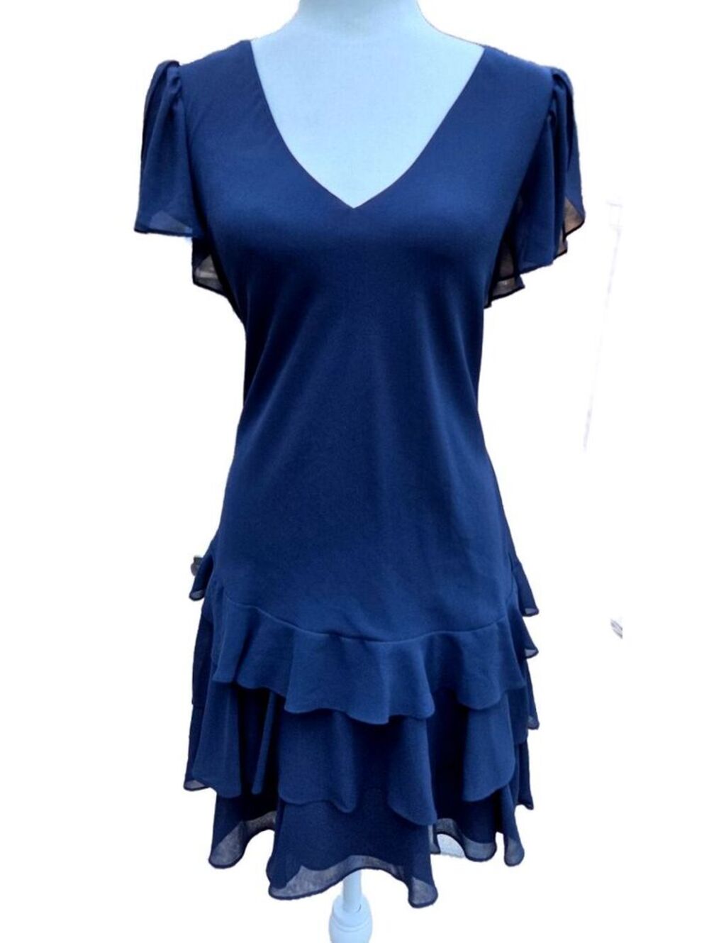 NWT Lauren Ralph Lauren Navy Blue Chiffon Ruffle Old Money Cocktail Dress Size 4